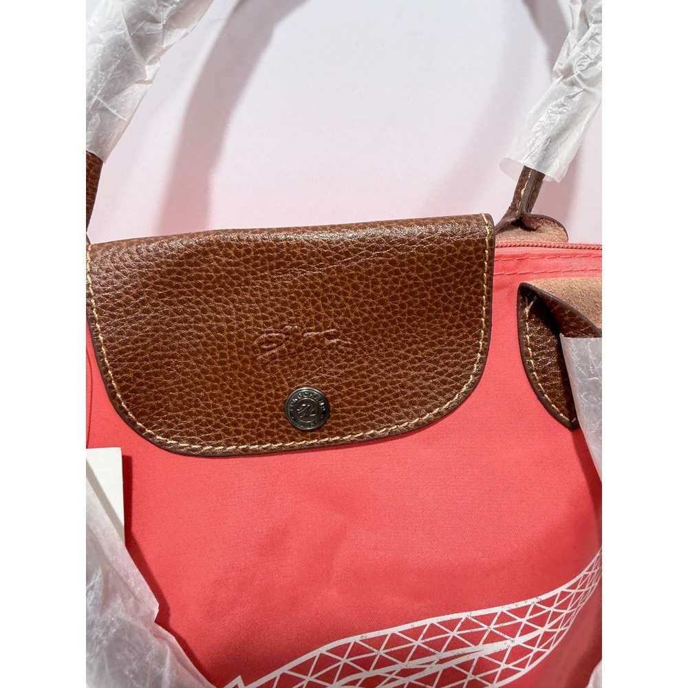 NWT Longchamp Coral orange red,brown Le Pliage Tote bag.Ltd Edition Eiffel Tower - Picture 4 of 14